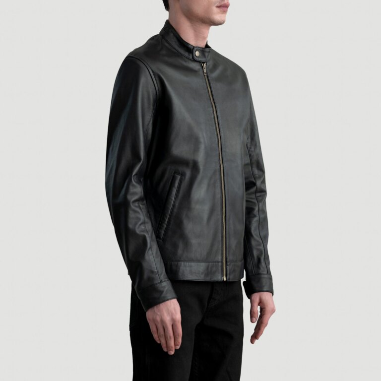 Mens Zen Black Leather Biker Jacket Side Pose-3-1724069681501